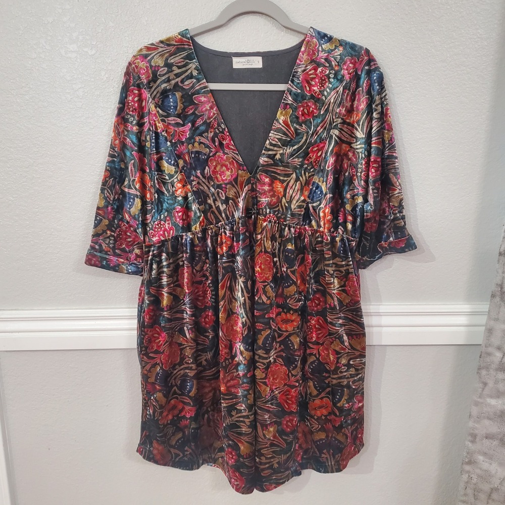 Natural Life Velvet Floral V-Neck Mini Dress Multi-Color Boho Bell Sleeve Small - Picture 10 of 10